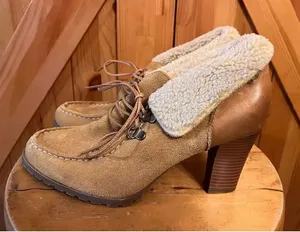 Ruff Hewn Willow Women Size 9.5 M Booties Brown/Tan Sherpa cuff 3.5" Stacked He thumbnail 1