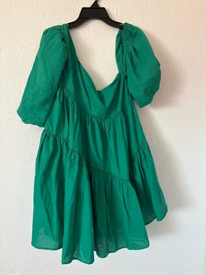 Showpo HARLEEN MINI DRESS Linen Asymmetrical Trim Puff Sleeve Dress In Green 10 thumbnail 7
