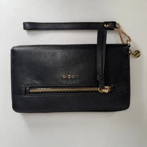 Lodis Ellie Single Zip Wristlet Black Pebbled Leather RFID Gold Hardware Wallet thumbnail 2