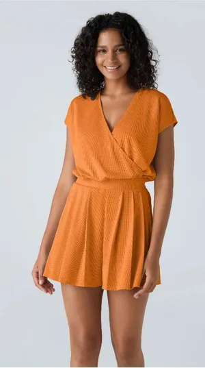 Halara V Neck Short Sleeve Pocket Waffle Casual Romper Orange L thumbnail 1