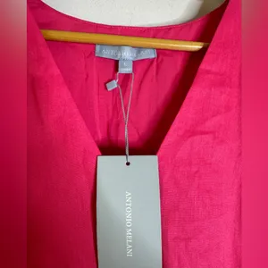 antonio melani Large Pink V Neck Flutter Sleeve A Line Linen Blend‎ Dress CP thumbnail 3