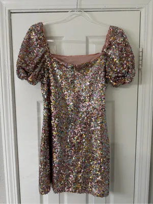 Lulus Crave it Like Candy Pink Multi Sequin Puff Sleeve Mini Dress‎ Concert thumbnail 5