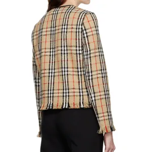 NWOT Burberry Beige Vintage Check Plaid Collarless Jacket Blazer in Tan Plaid thumbnail 3
