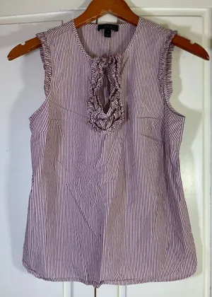 J.Crew Womens Burgundy White Striped Ruffle Sleeveless Cotton Blouse Top Size 2 thumbnail 1
