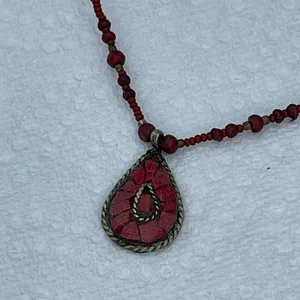 Boho festival red seed bead faux coral necklace. thumbnail 2