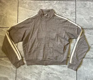 Halara NWOT Women Ribbed Knit Track Jacket Taupe Brown Zip Mock Neck Striped M thumbnail 1