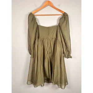 Storia Babydoll Dress Women L Olive Green Clip Dot Puff Sleeve fairy JD2443AD thumbnail 4