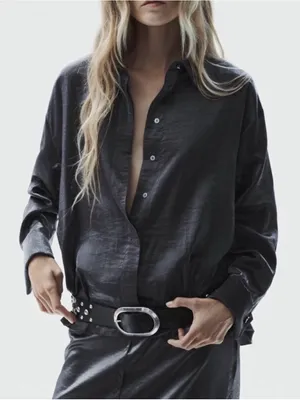 Zara Shiny Charcoal Black Satin Button-Up Shirt thumbnail 1