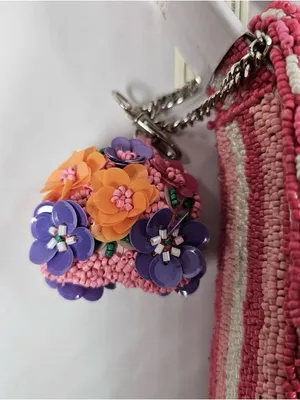 NWT India handcrafted Viral Beaded Pink Quilted Purple Flowers Checkered Bag thumbnail 3