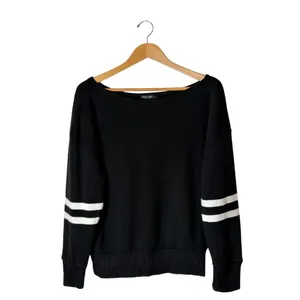Nasty Gal Sweater Women Large Black Boat‎ Neck White Varsity Stripe Sleeve Knit thumbnail 2