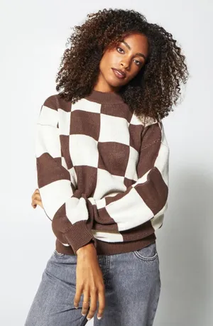 Checker Print Crewneck Sweater Brown‎ Cream Checkerboard Fall Neutral Size S thumbnail 1