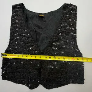 At Once Vintage Black Silk Beaded and Sequined Cropped Vest, Size Large thumbnail 6
