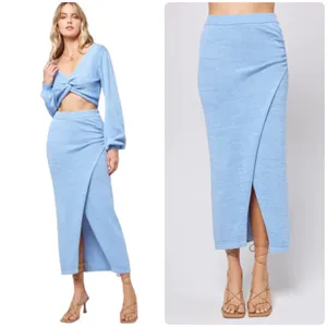 L*Space Womens Blue Siren Ruched High Slit Cotton Knit Midi Skirt Size S‎ thumbnail 2