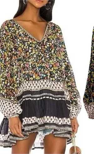 Free People Gardenia Tunic Top Floral Print Long Sleeve Black‎ Combo Size Large thumbnail 1