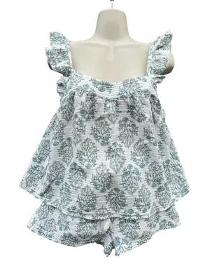 Rachel Zoe Floral Pajama Set 2 Pc Cotton Shorts Top Blue Green floral White M thumbnail 1