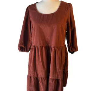 Brown cotton dress with tiered skirt and 3/4 sleeves, size M (8-10) thumbnail 2