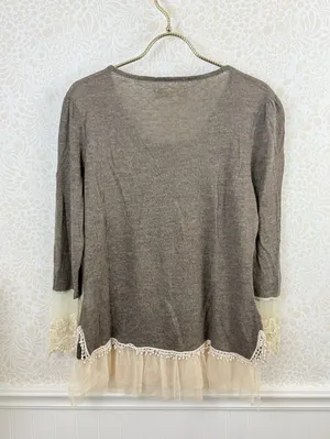 a'reve by Anthropologie Brown Lace Tule Trim Sweater - Size - Large thumbnail 2