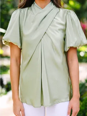 Satin Puff Sleeve Wrap Front Top thumbnail 1
