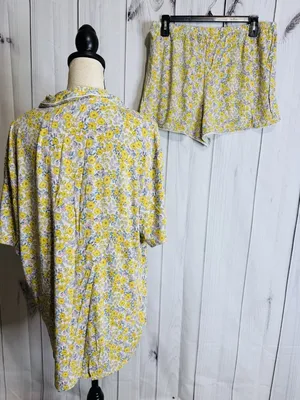 Ann Taylor Loft Sleep Pajama Top & Shorts Set Yellow Floral Sz XL Button Down thumbnail 5