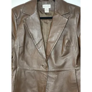 Kim Rogers Womens M Brown 100% Leather Button Front Blazer Jacket Lined Classic thumbnail 2