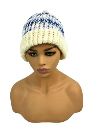 Handmade Knit Beanie Winter Hat Multicolor White Stretch Women One Size Fits All thumbnail 1
