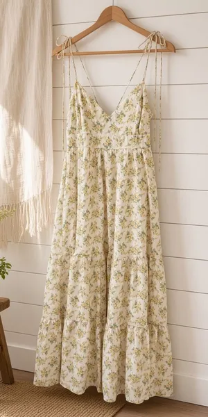 Floral print double self tie spaghetti strap tiered midi dress. Medium thumbnail 1