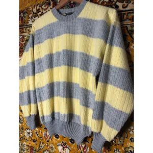 90s VTG Oversized Butter Yellow Striped Ribbed Crewneck Cotton Knit Sweater sz L thumbnail 2