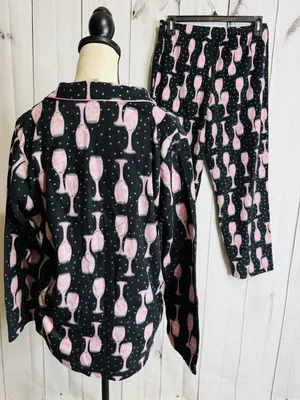 Charter Club Intimates Pajama Set Sz L Black Pink Wine Glasses Fleece Pockets thumbnail 7