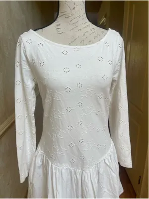 Free People White Eyelet Long Sleeve Drop Waist Mini Dress Sz L/G Romantic Boho thumbnail 8