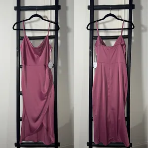 More to Come Adonia Pink Satin Wrap Midi Dress With Cowl Neckline And Tulip Hem thumbnail 3