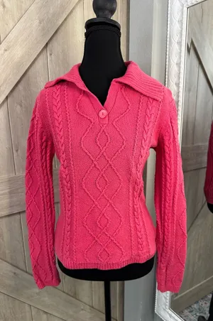 Y2K Barbiecore Hot Pink Cable Knit Polo Sweater - Small - Medium thumbnail 1