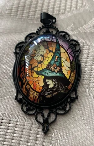 18” Black Cord Necklace Witch In Hat Oval Pendant 2”H x 1.25”W Goth Gothic Punk thumbnail 1