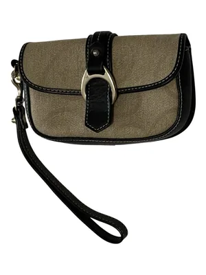 Dooney & Bourke Vintage Tan Canvas Flap Wristlet Black Leather Trim thumbnail 3