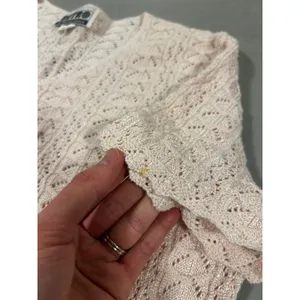 Y2K Retro Vintage 90s Pink Pointelle Knit crochet Cardigan Short Sleeve M stain thumbnail 10