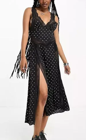 INTIMATELY FREE PEOPLE Bad For You Slip Dress ~ Black Polka Dot Print Lace L NWT thumbnail 8
