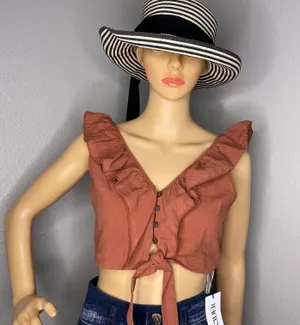 Cider NWT  Ruffle Button Up Knotted Cropped Tank Top Brown Size Small thumbnail 1