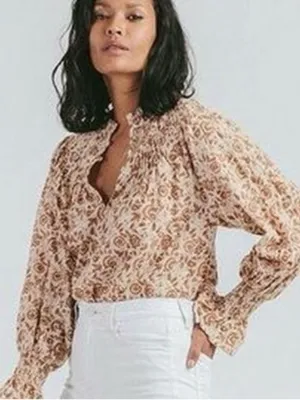 Cleobella Reza Blouse Peasant Tamil Block Print Floral Cotton Boho Brown Ivory thumbnail 11