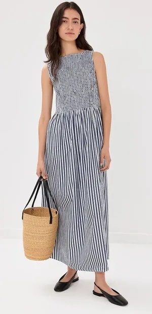 Hill House Home The Larissa Nap Dress Navy Blue White Striped Smocked Midi thumbnail 1