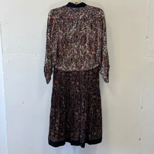 Warm NY Mixed Print Silk Viscose Midi Dress Brown Floral Stripe Size 0 Boho Fall thumbnail 2