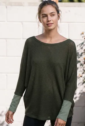 BiBi Olive Green Waffle Knit Dolman Sleeve Top Size Large NWOT thumbnail 1