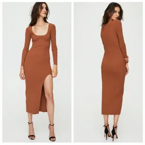 Aritzia‎ Wilfred Maeve Midi Bodycon Dress Size Large Brown Scoop Neck thumbnail 2