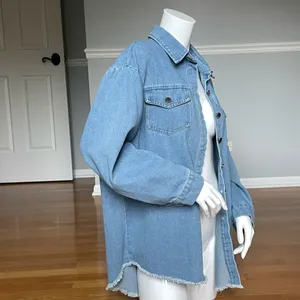 Women’s Oversized Denim Shacket Shirt Jacket Light Wash Frayed Hem Size M thumbnail 5