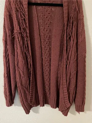 American Eagle Fringe Cable Knit Open Front Cardigan Rust Size XS/S Oversized thumbnail 9