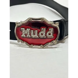 Vtg MUDD Rhinestone Spellout Belt Black Leather Red Enamel Big Statement Buckle thumbnail 2