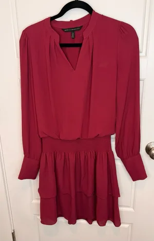 White House Black Market Burgundy V-neck Long Sleeve Cinch Waist Dress XS thumbnail 1