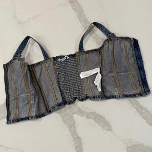 Zara y2k Denim Bustier Crop Top Womens Size Small Blue Smocked Back Front Zipper thumbnail 3