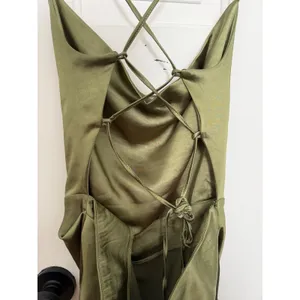 Club L London Olive Green Satin Cowl Neck Ruched Asymmetrical Midi Dress size 10 thumbnail 8