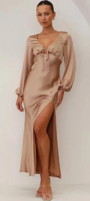 Billy J Brigitte‎ Dress Plus Size 20 Tan Satin Tie Front Maxi V Neck Old Money thumbnail 1