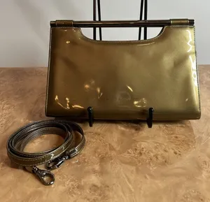 Stuart Weitzman Vintage Bronze Patent Leather Frame Bag Crossbody Clutch thumbnail 1