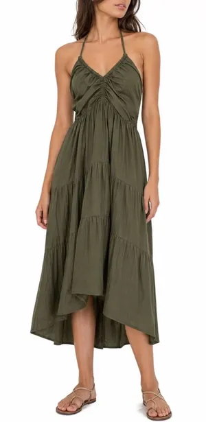Maxi Dress Womens Large Olive Green Tiered Smocked Back Pleated Halter Neck thumbnail 1
